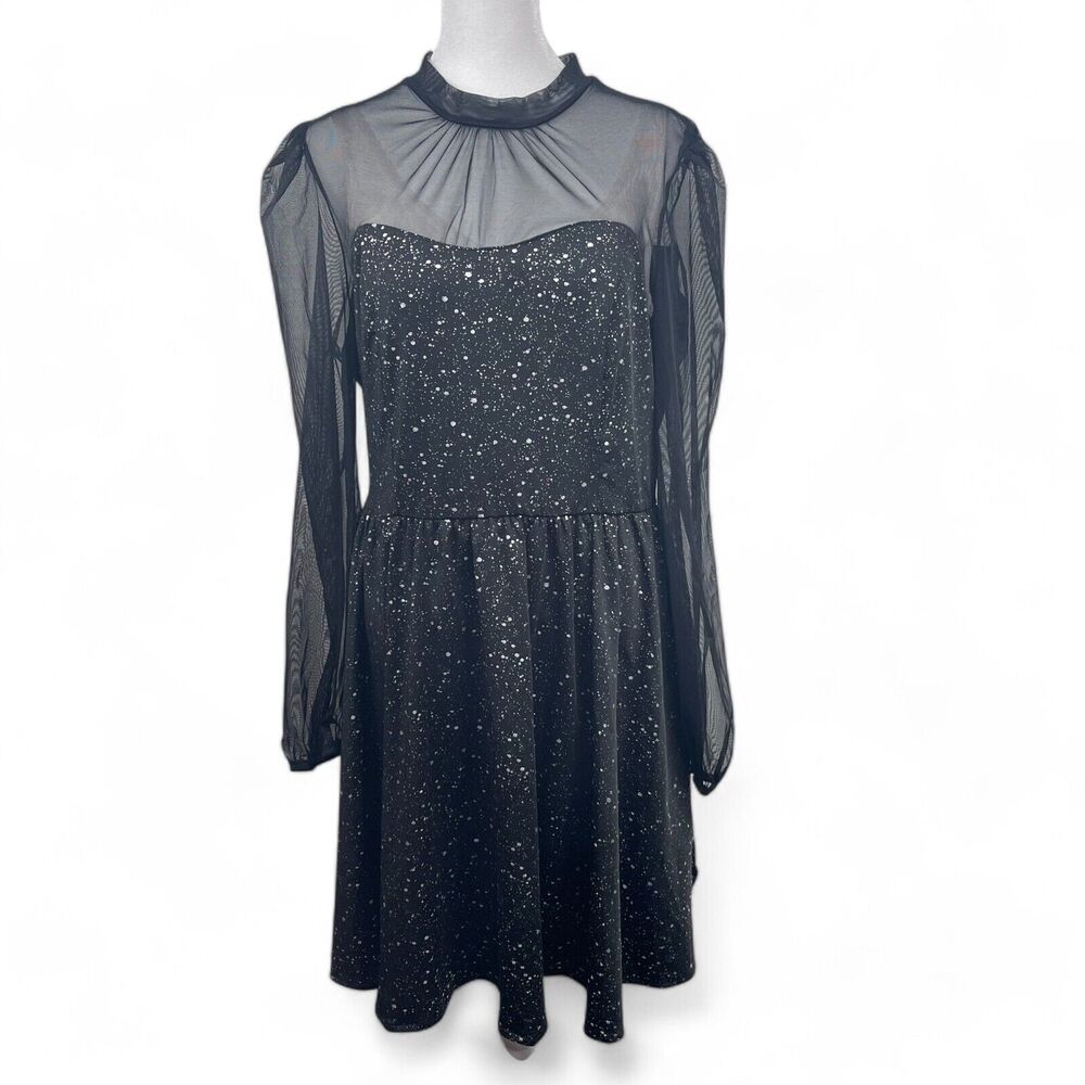 Black Midi Dress Sz M Witchy Whimsigoth Silver Metallic Paint Splattered Sheer